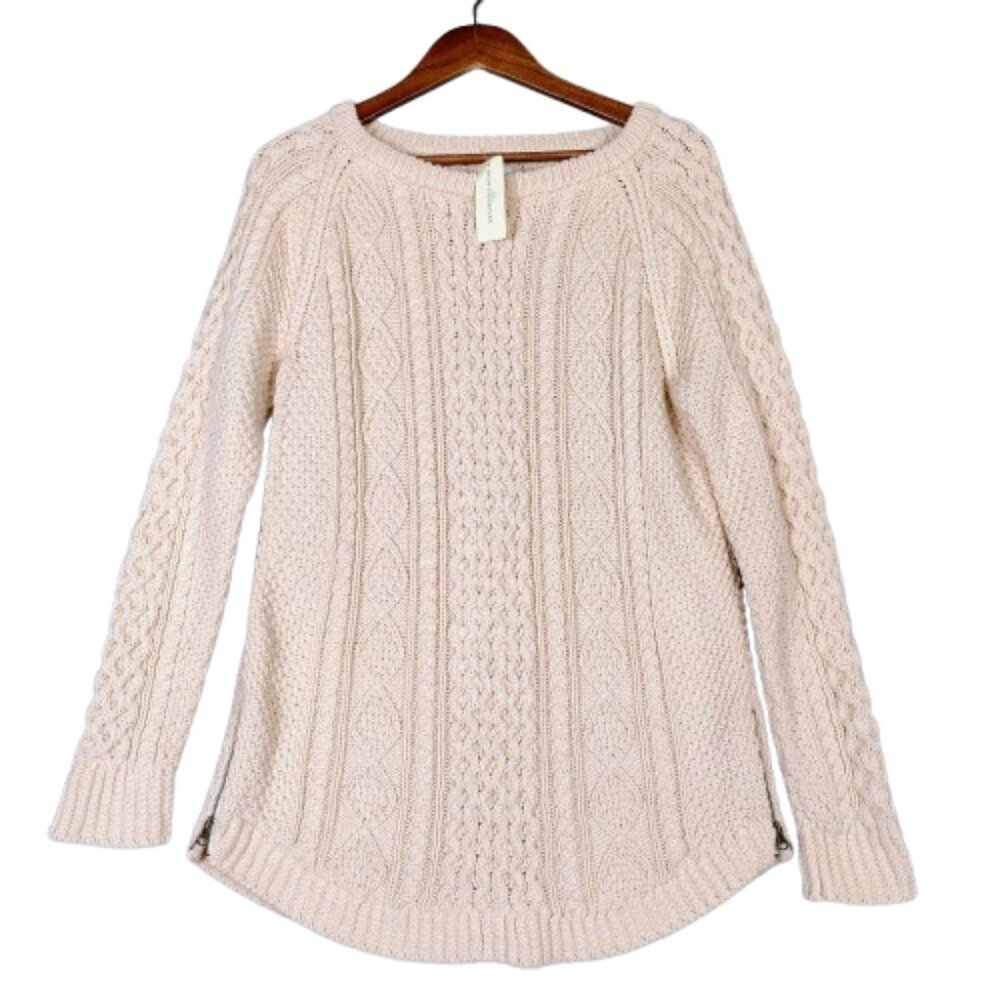 L.L.Bean Signature Sweater Women's Medium Beige Cable Knit Fisherman Tunic NWT